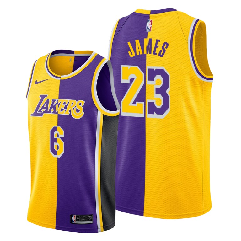 Men's Los Angeles Lakers LeBron James #6 NBA 2021-22 Special Split Edition Gold Purple Basketball Jersey IQE6583OT